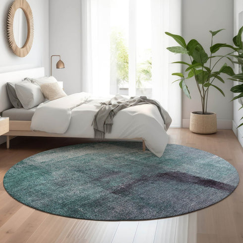 8' Teal Ivory And Purple Abstract Washable Round Rug With UV Protection