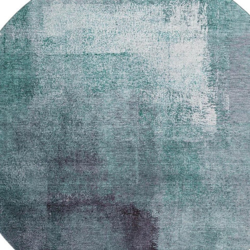 8' Teal Ivory And Purple Abstract Washable Round Rug With UV Protection