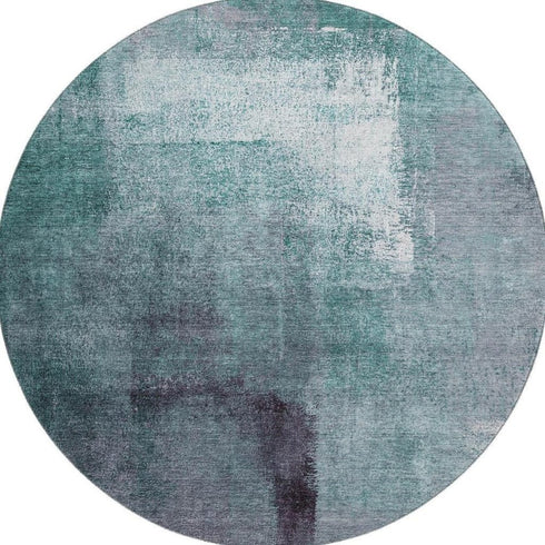 8' Teal Ivory And Purple Abstract Washable Round Rug With UV Protection