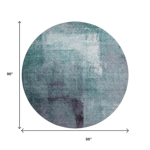 8' Teal Ivory And Purple Abstract Washable Round Rug With UV Protection