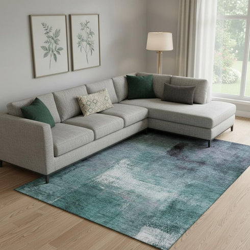 8' X 10' Teal Ivory And Purple Abstract Washable Area Rug With UV Protection