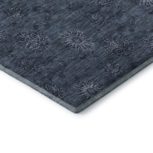 5' X 8' Blue And Ivory Floral Washable Area Rug With UV Protection