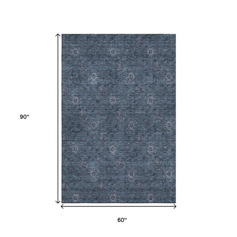 5' X 8' Blue And Ivory Floral Washable Area Rug With UV Protection