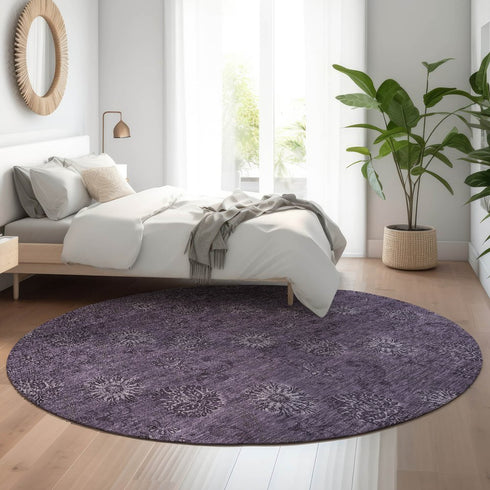 8' Eggplant And Ivory Floral Washable Round Rug With UV Protection