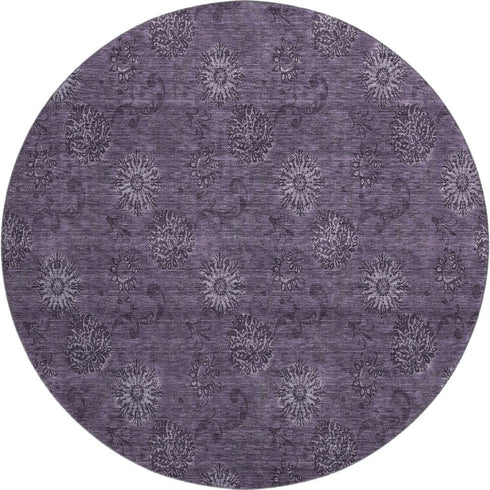 8' Eggplant And Ivory Floral Washable Round Rug With UV Protection