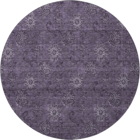 8' Eggplant And Ivory Floral Washable Round Rug With UV Protection