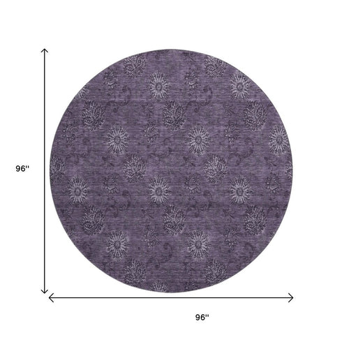 8' Eggplant And Ivory Floral Washable Round Rug With UV Protection