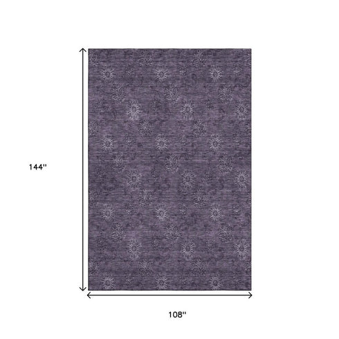 9' X 12' Eggplant And Ivory Floral Washable Area Rug With UV Protection
