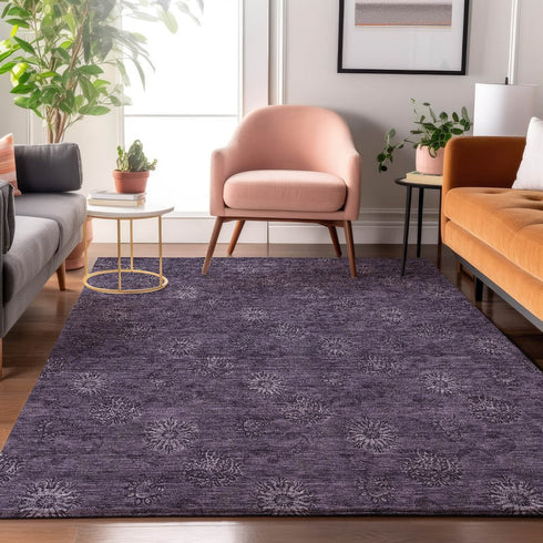 9' X 12' Eggplant And Ivory Floral Washable Area Rug With UV Protection