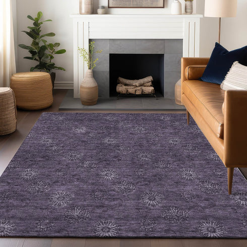 9' X 12' Eggplant And Ivory Floral Washable Area Rug With UV Protection