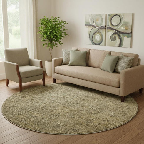 8' Brown And Beige Southwestern Washable Round Rug With UV Protection