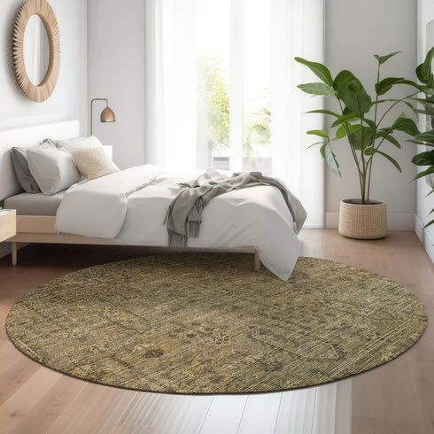 8' Brown And Beige Southwestern Washable Round Rug With UV Protection