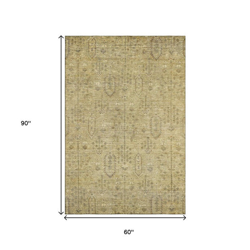 5' X 8' Gold And Taupe Southwestern Washable Area Rug With UV Protection