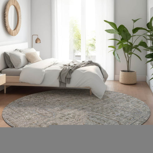 8' Granite Gray And Silver Southwestern Washable Round Rug With UV Protection