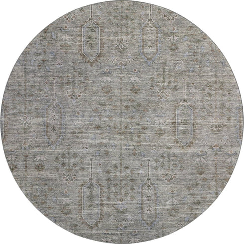 8' Granite Gray And Silver Southwestern Washable Round Rug With UV Protection