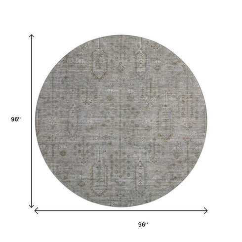 8' Granite Gray And Silver Southwestern Washable Round Rug With UV Protection