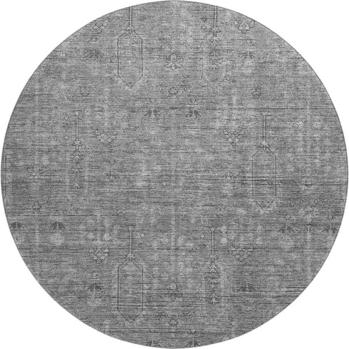 8' Gray And Silver Southwestern Washable Round Rug With UV Protection