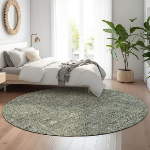 8' Green And Gray Southwestern Washable Round Rug With UV Protection
