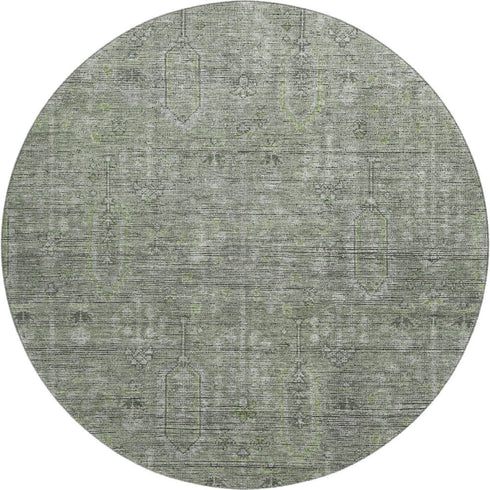 8' Green And Gray Southwestern Washable Round Rug With UV Protection
