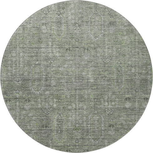 8' Green And Gray Southwestern Washable Round Rug With UV Protection