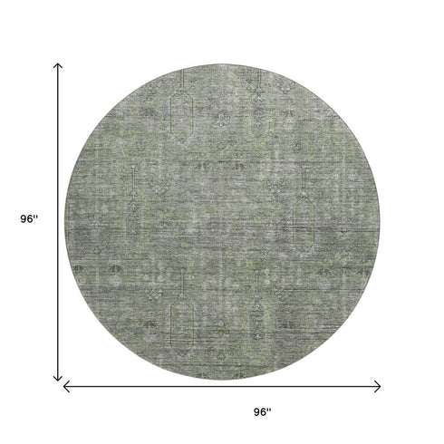 8' Green And Gray Southwestern Washable Round Rug With UV Protection