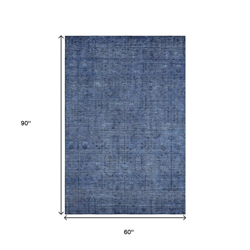 5' X 8' Navy Blue And Gray Southwestern Washable Area Rug With UV Protection