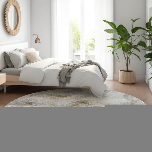 8' Taupe Gray And Brown Abstract Washable Round Rug With UV Protection