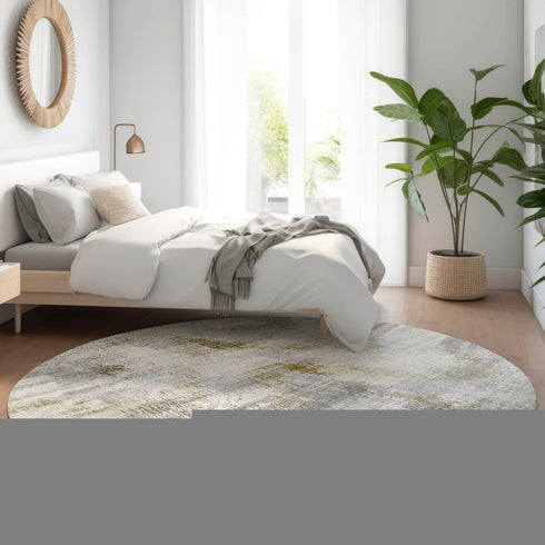 8' Taupe Gray And Brown Abstract Washable Round Rug With UV Protection