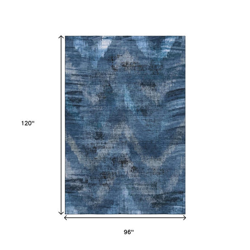 8' X 10' Blue Ivory And Charcoal Abstract Washable Area Rug With UV Protection