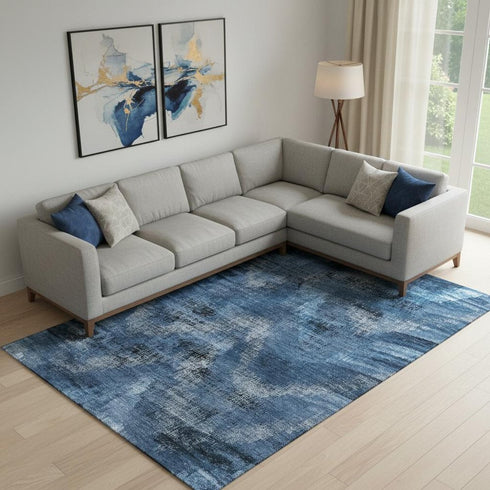 8' X 10' Blue Ivory And Charcoal Abstract Washable Area Rug With UV Protection