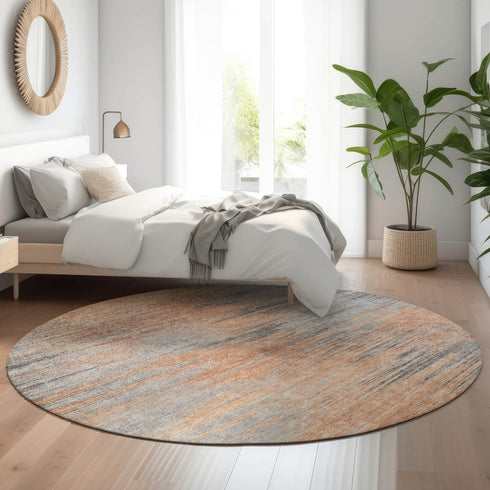 8' Salmon And Gray Abstract Washable Round Rug With UV Protection