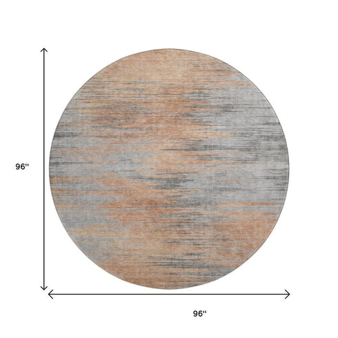 8' Salmon And Gray Abstract Washable Round Rug With UV Protection