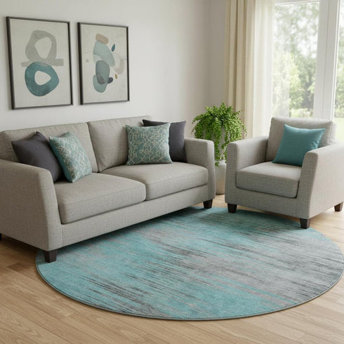 8' Teal And Gray Abstract Washable Round Rug With UV Protection