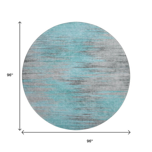 8' Teal And Gray Abstract Washable Round Rug With UV Protection