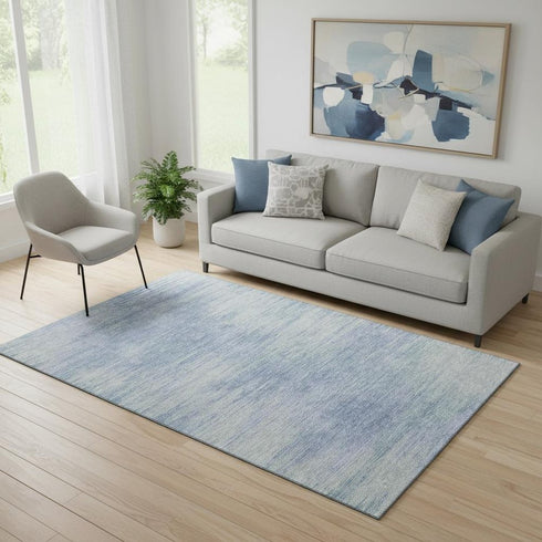 5' X 8' Denim Blue And Ivory Abstract Washable Area Rug With UV Protection