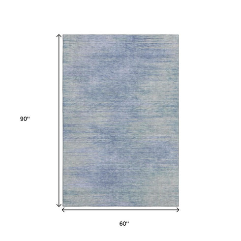 5' X 8' Denim Blue And Ivory Abstract Washable Area Rug With UV Protection