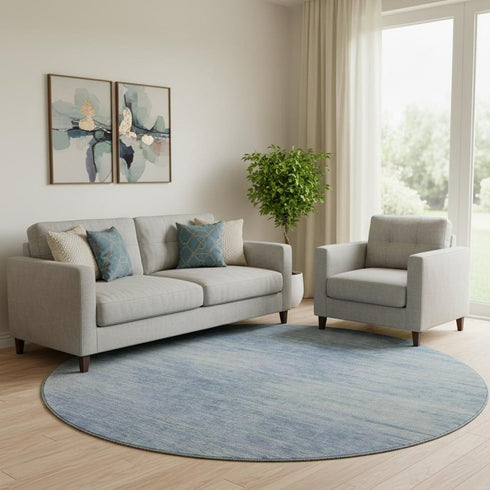 8' Denim Blue And Ivory Abstract Washable Round Rug With UV Protection