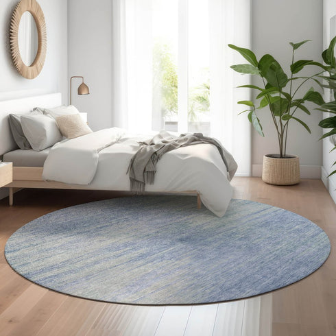 8' Denim Blue And Ivory Abstract Washable Round Rug With UV Protection