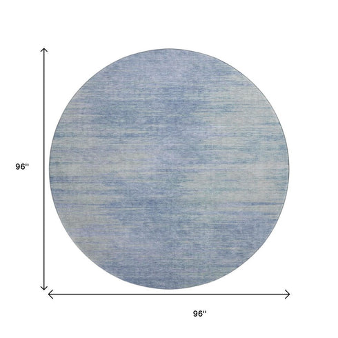 8' Denim Blue And Ivory Abstract Washable Round Rug With UV Protection