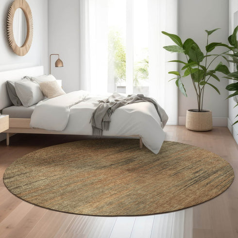 8' Terra Cotta Gray And Beige Abstract Washable Round Rug With UV Protection