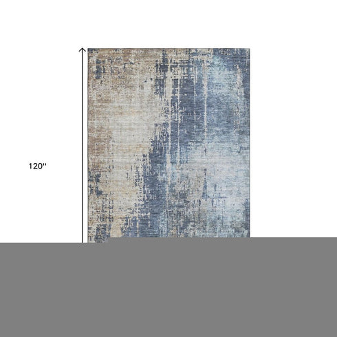 8' X 10' Navy Blue Beige And Taupe Abstract Washable Area Rug With UV Protection