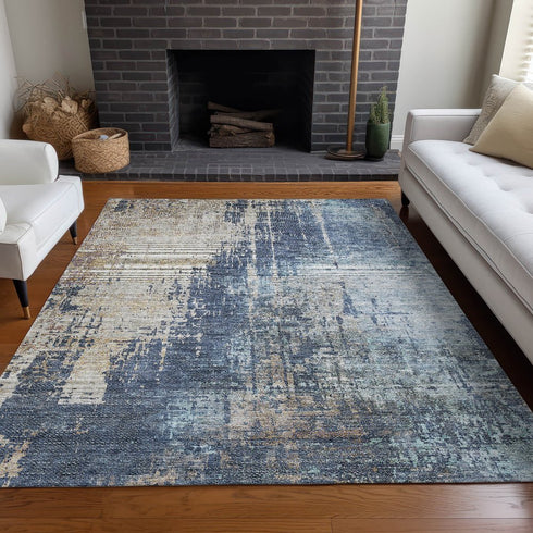 8' X 10' Navy Blue Beige And Taupe Abstract Washable Area Rug With UV Protection