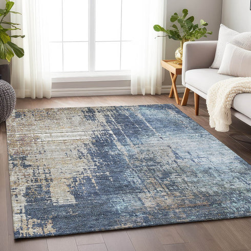 8' X 10' Navy Blue Beige And Taupe Abstract Washable Area Rug With UV Protection