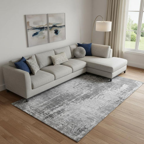 9' X 12' Gray And Silver Abstract Washable Area Rug With UV Protection