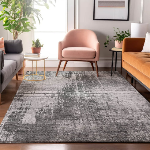 9' X 12' Gray And Silver Abstract Washable Area Rug With UV Protection