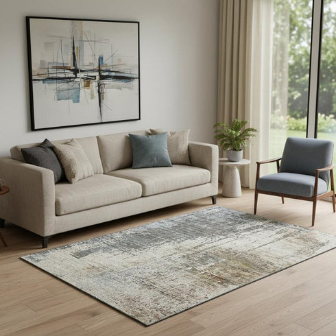 5' X 8' Beige Gray And Brown Abstract Washable Area Rug With UV Protection
