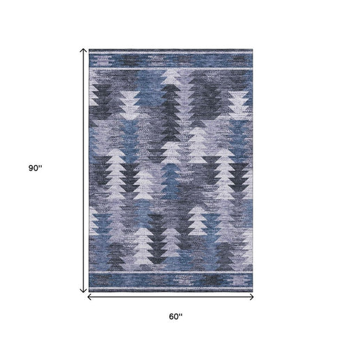 5' X 8' Blue And Ivory Southwestern Washable Area Rug With UV Protection