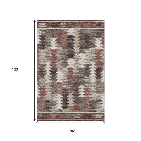 8' X 10' Chocolate Ivory And Rust Southwestern Washable Area Rug With UV Protection