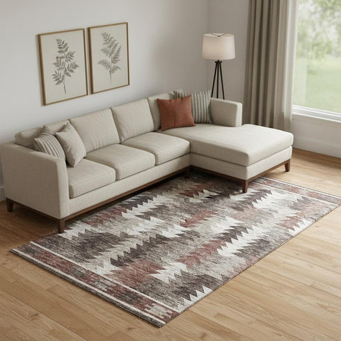 8' X 10' Chocolate Ivory And Rust Southwestern Washable Area Rug With UV Protection