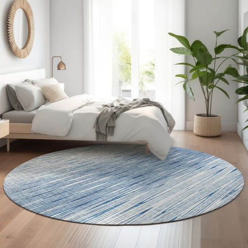 8' Blue And Ivory Abstract Washable Round Rug With UV Protection